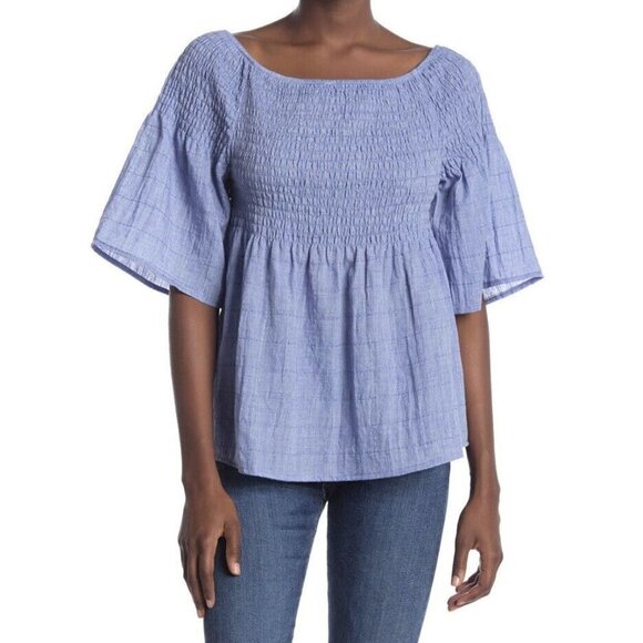 Liverpool Tops - Liverpool Off The Shoulder Top‎ Blue Chambray Smocked Short Sleeve Small Casual